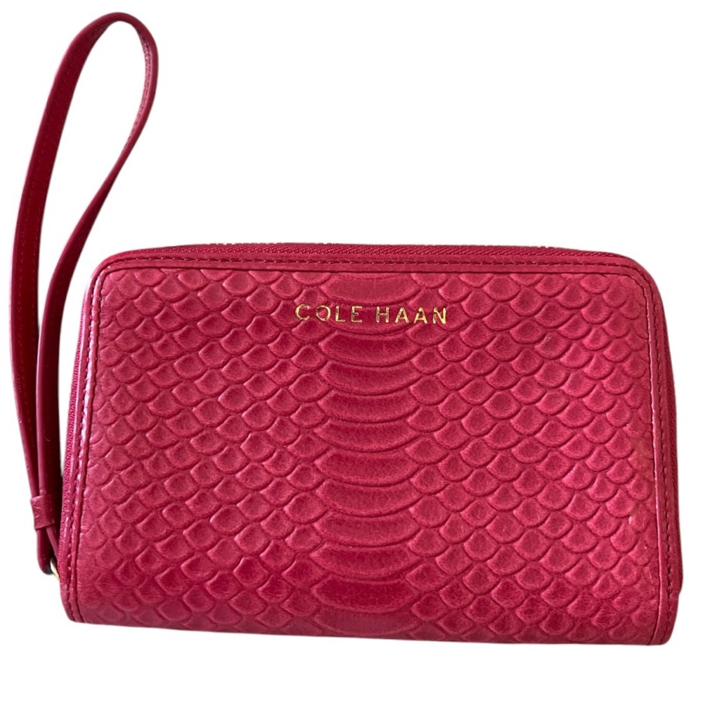 Cole Haan women’s small crocodile print wrap around zip fuchsia wristlet Wallet